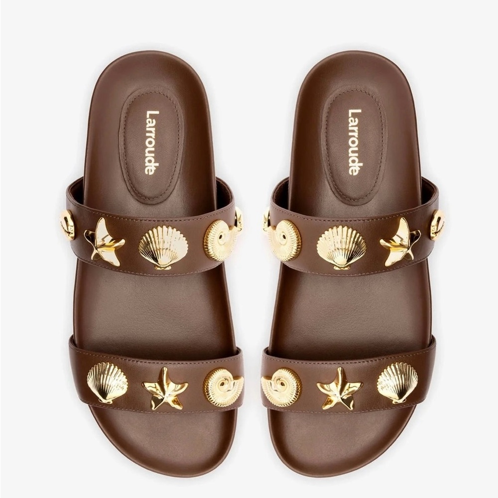Larroude Gold Embellished Brown Sandals